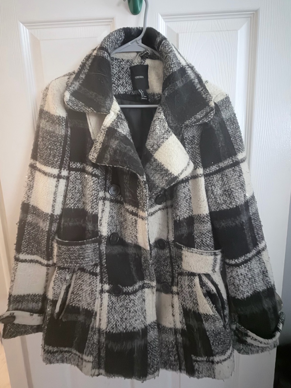 Forever 21 Black & White Plaid Double-Breasted Peacoat